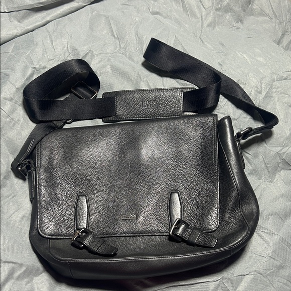 Boss Hugo Boss Black Leather Messenger Bag with Adjustable Strap